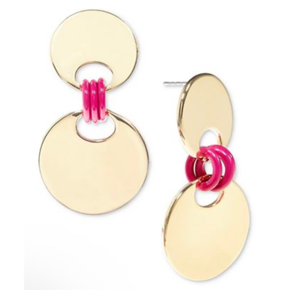 🩷 On 34th Gold-Tone Disc & Pink Ring Drop Earrings